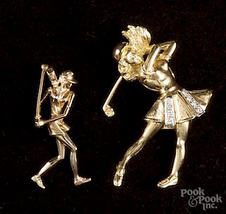 Two yellow gold female golfer pendants, one with moveable legs and arms, 15.5 dwt