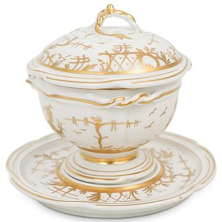 (2 Pc) French Chinoiserie Gilt Porcelain Lidded Bowl
