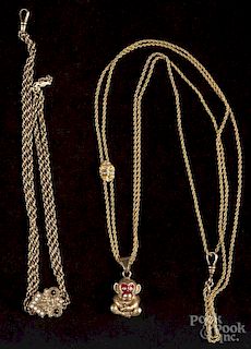 Yellow gold rope watch chain with an opal and garnet slide, 13.3 dwt