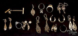Gold and gold-filled jewelry, to include seven pairs of earrings, one single earring