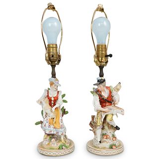 Pair of Dresden Porcelain Figurine Table Lamps