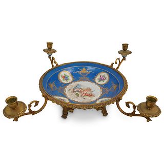 Sevres Style Porcelain and Brass Candle Centerpiece