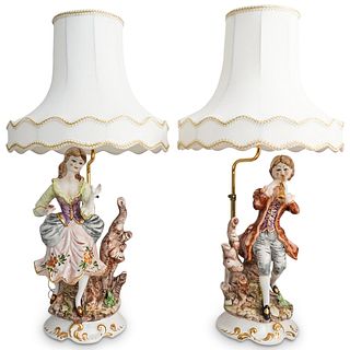 (2 Pc) Capodimonte Porcelain Figural Lamps