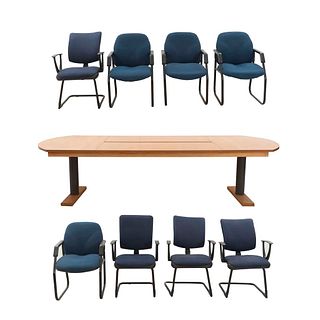 Mesa de juntas y 8 sillones. SXXI. Diferentes diseños. Elaboradas en MDF, material sintético y metal. 75 x 300 x 121 cm (mesa)