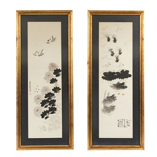 ANÓNIMO. China, siglo XX. Vista de paisaje con flores y aves. Tinta sobre papel con sinogramas. Enmarcados. Piezas: 2