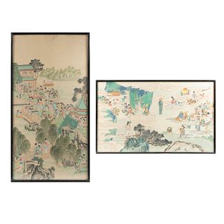 ANÓNIMO. Lote de 2 obras pictóricas. China, siglo XX. Tinta sobre seda con escenas cortesanas y costumbristas. Enmarcados.