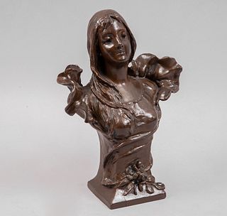 Anónimo. Busto de dama. Siglo XX. Estilo art nouveau. Fundición en antimonio. Acabado bronce patinado.