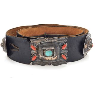 Native American Turquoise, Coral, Silver Concho Belt