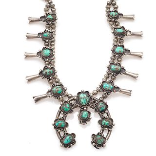 Native American Turquoise, Silver, Squash Blossom Necklace