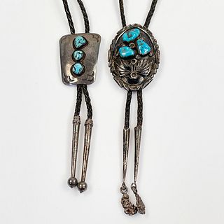Collection of Two Navajo Turquoise, Silver Bolos