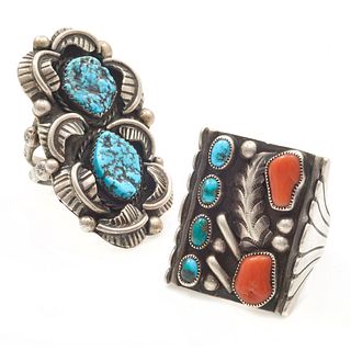 Collection of Two Navajo Turquoise, Coral, Sterling Rings