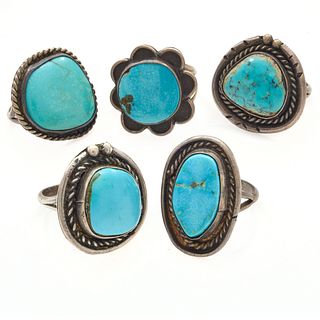 Group of Five Native American Turquoise, Silver Rings
