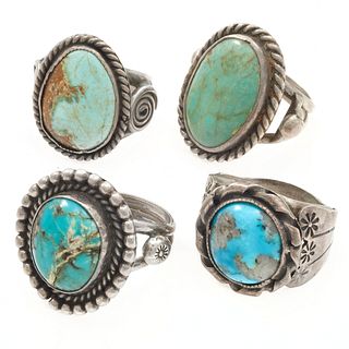 Group of Four Signed Navajo Turquoise, Sterling Rings