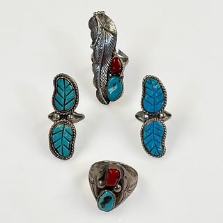 Collection of Signed Navajo Turquoise, Coral Rings