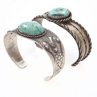 Collection of Two Navajo Turquoise, Silver Bracelets
