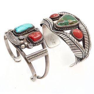 Collection of Two Navajo Turquoise, Coral Cuff Bracelets