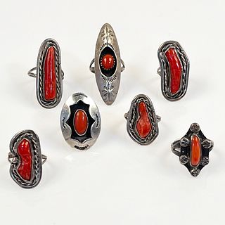 Collection of Seven Native American Coral, Silver Rings