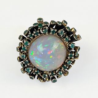 Opal, Emerald, Blackened Sterling Silver Ring