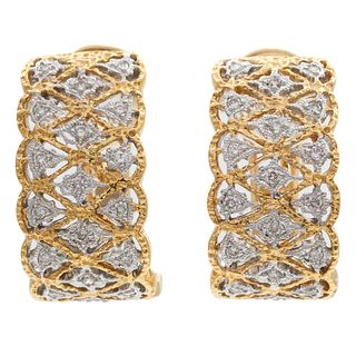 Pair of Diamond, 18k Yellow and White Gold Earrings