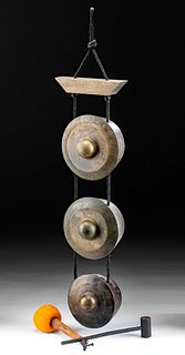 18th C. Burmese Brass 3-Bell Meditation Gong w/ Mallet