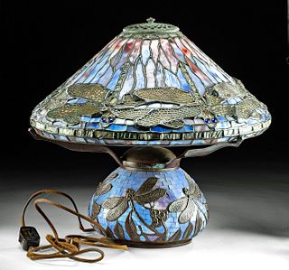 Vintage American Stained Glass Lamp w/ Dragonflies