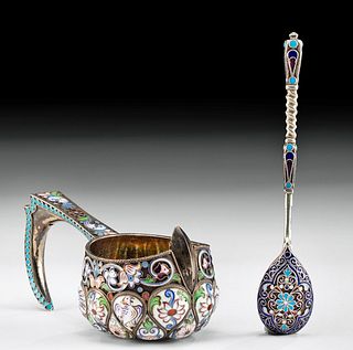 19th C. Russian Cloisonne Silver Kovsh and Spoon