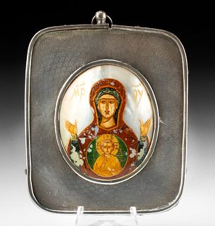 19th C. Russian Nacre Icon Virgin Orans, Silver Frame