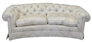Custom Silk Upholstered Carved Sofa, having tufted back, height 29 inches, length 86 inches, depth 39 inches.
