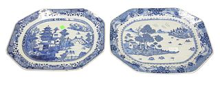 Two Chinese Export Nanking Blue and White Rectangular Platters, both having painted village scenes, height 13 1/4 inches, width 16 inches. 