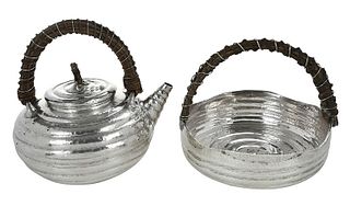 Japanese Hammered Silver Teapot and Basket
