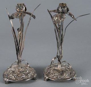 Pair of Chinese silver candlesticks, early 20th c., 10'' h., 24 ozt.