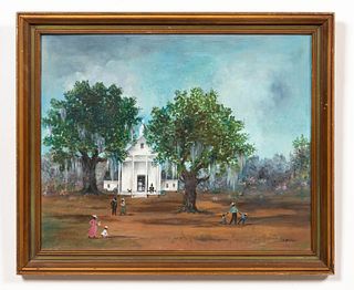 EMMIE MCENTIRE, LANDSCAPE WITH LIVE OAKS & CHURCH