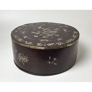 Antique Chinese Mother of Pearl inlay Round Jewelry Box