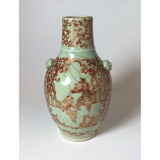 Chinese Celadon Vase with Gold & Red 