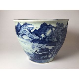 Chinese Antique Blue & White Koi Fish Bowl