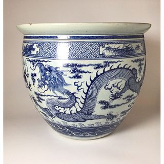 Lg. Antique Chinese Blue & White Dragon Koi Fish Bowl