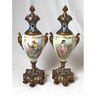 Pr Hand Painted Porcelain Champleve & Bronze Urns