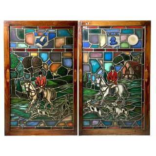 Pr of Equestrian Stained Glass Windows Depicting Fox Hunters, By Lamb Studios 