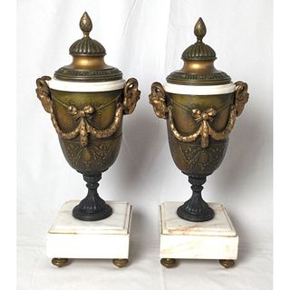 Pair of French Style Marble and Patinated Metal Garniture Urns with Rams Heads