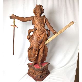 Exceptional 17th Century Carved Wooden Statue of Saint Michael