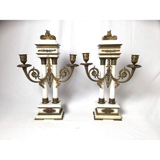 Late 19th Century Pair of French Bronze and Marble Candelabras