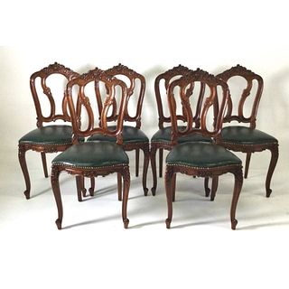 Set of Six Carved French Style Walnut Chairs with Green Leather Seats circa 1900