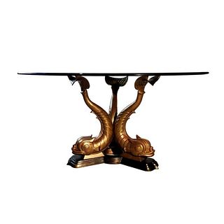 Bronze Triple Dolphin Base Glass Top Table