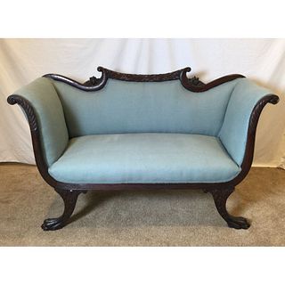 Circa 1900 Empire Carved Loveseat, Upholstery Is Good