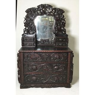 Early 20th C. Heavily Carved Asian Chest Of Drawers With Mirror 