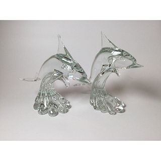 Pair Dolphin Glass Sculptures Signed