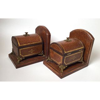 Pair Maitland Smith Ostrich Faux Leather Box Bookends