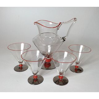 Art Deco Art Glass Martini Set Pitcher with 4 Glasses