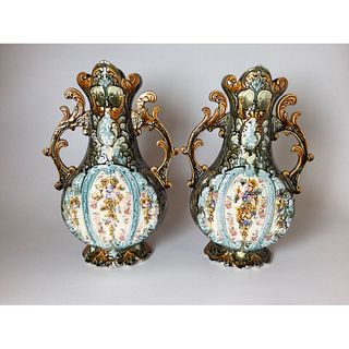 Pair Large Majolica Double Handle Urn Vases