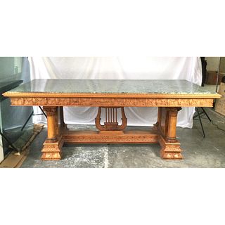 Circa 1900 Heavily Hand Carved Monumental Library Table with Beautiful Green Italian Marble Top